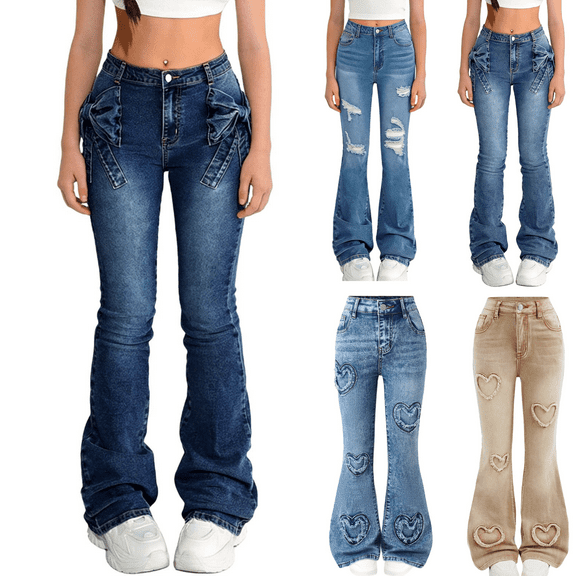 ZVAVZ High Waist Flare Jeans for Girls Heart Pathwork Distressed Y2k Denim Pants Bell Bottom Stretch Trendy Boyfriend Streetwear Blue,6-7Years