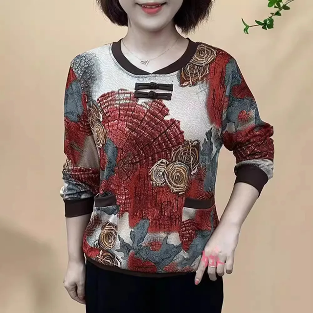 Camiseta de manga larga con estampado de capa base de estilo chino de moda para mujer, ropa interior de cuello redondo para madre, otoño de 2024