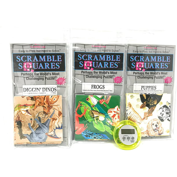 Bundle of Scramble Squares B Dazzle Brain Teaser Puzzles for  Adults/Teens/Kids - 3 Puzzles Included - Frogs, Puppies and Digging Dinos  with A Bonus 