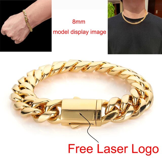 Hip Hop Stainless Steel Cuban Link Chain Necklace For Men Women Cuban Bracelet Jewelry Custom Logo On Front Back