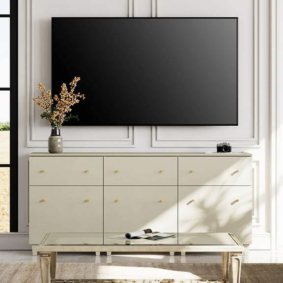 3-in-1 TV Cabinet Stands for 50/65/75 Inch TVs, Beige Wooden Entertainment Center with 2 Drawers and Doors, Modern Media Console Table with Storage for Living Room, Bedroom, 3 Packs, 70.8x15.3x32.4