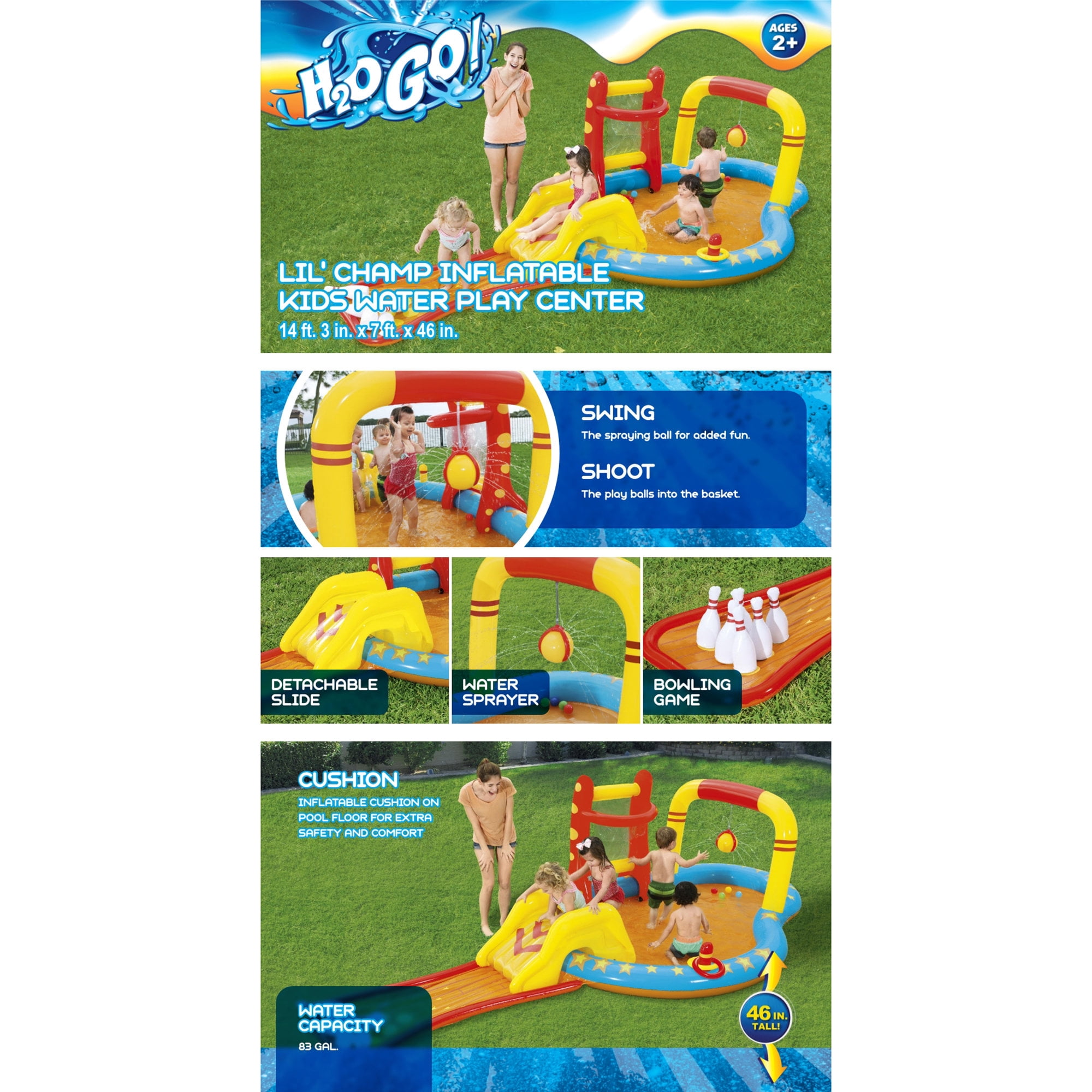 Bestway: H2OGO! Lil' Champ Play Center - Inflatable Sports Activity & Mini Waterpark, Sprayer-Slide-Kiddie Pool, Bowling-Basketball-Ring Toss, Kids 3+