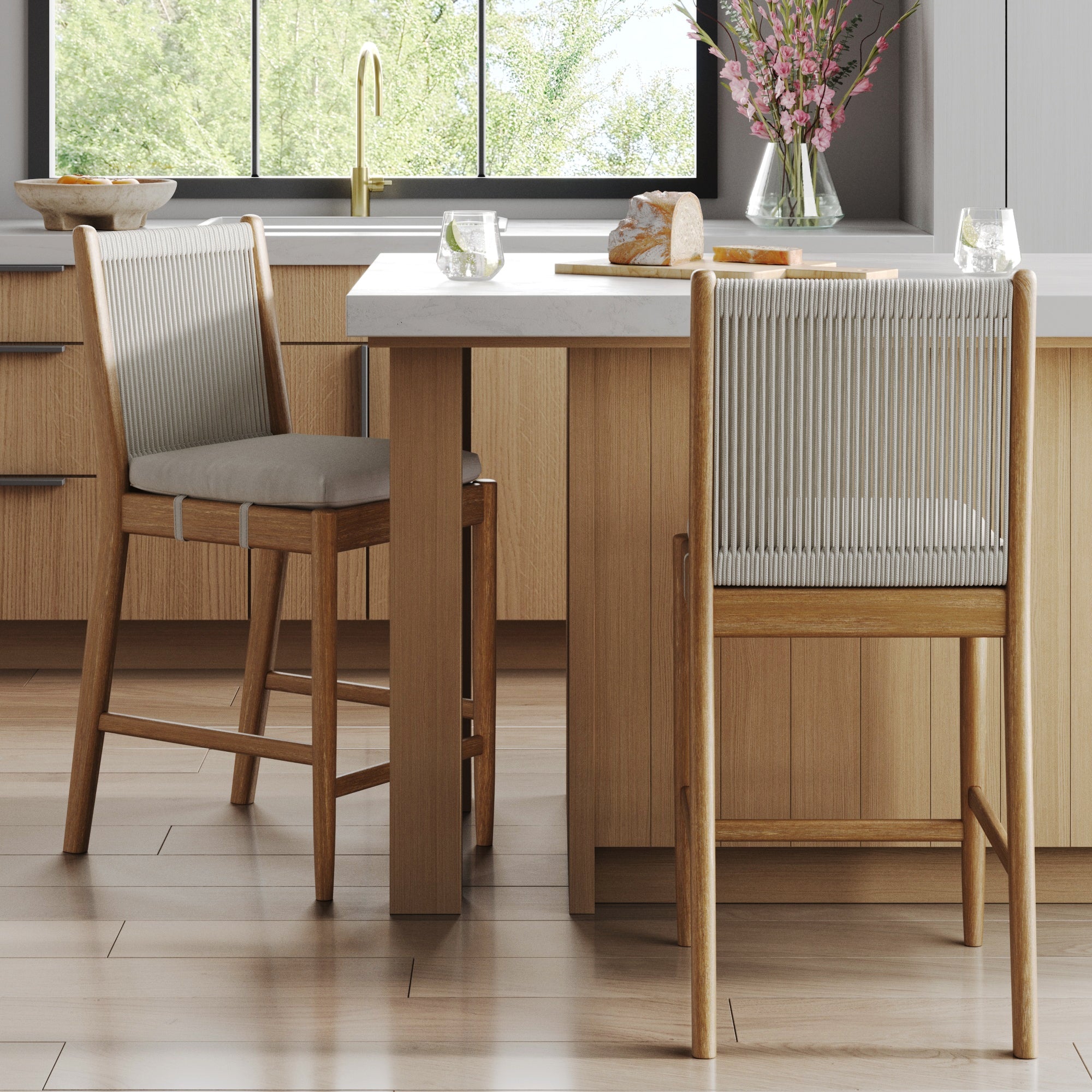 Nathan James Kayden Solid Wood Bar Stool with Woven Rope Backrest, Upholstered Bar Stool with Back, Counter Height Stools for Bar or Patio