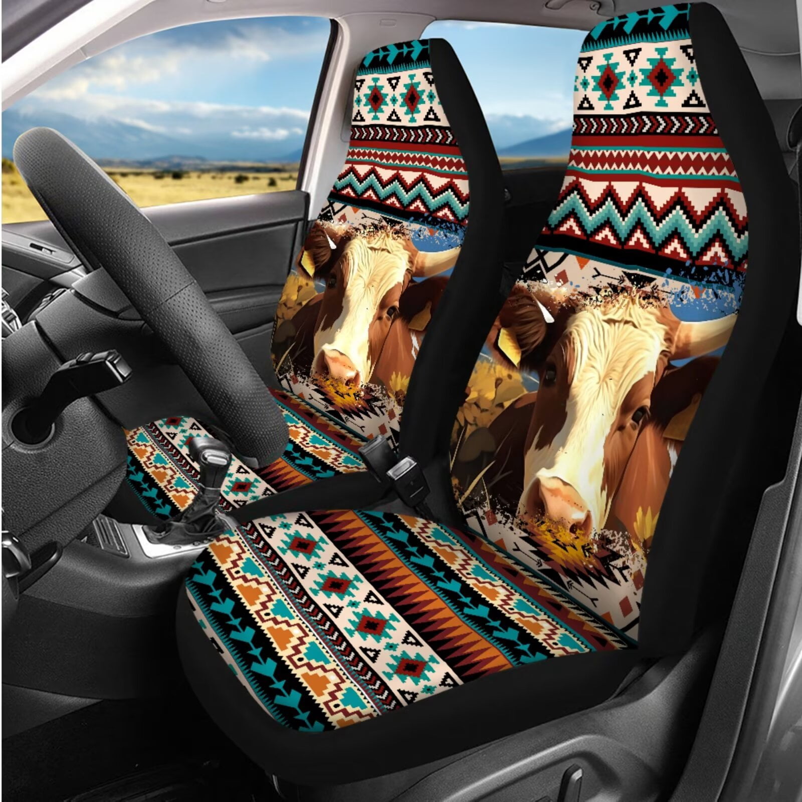 Binienty 14 PCS Aztec Cow Print Vehicle Seat Covers with 15 Inch Steering Wheel Cover Breathable Center Console Cushion Seat Headrest Covers Keychain Vehicle Interior Accessories Set