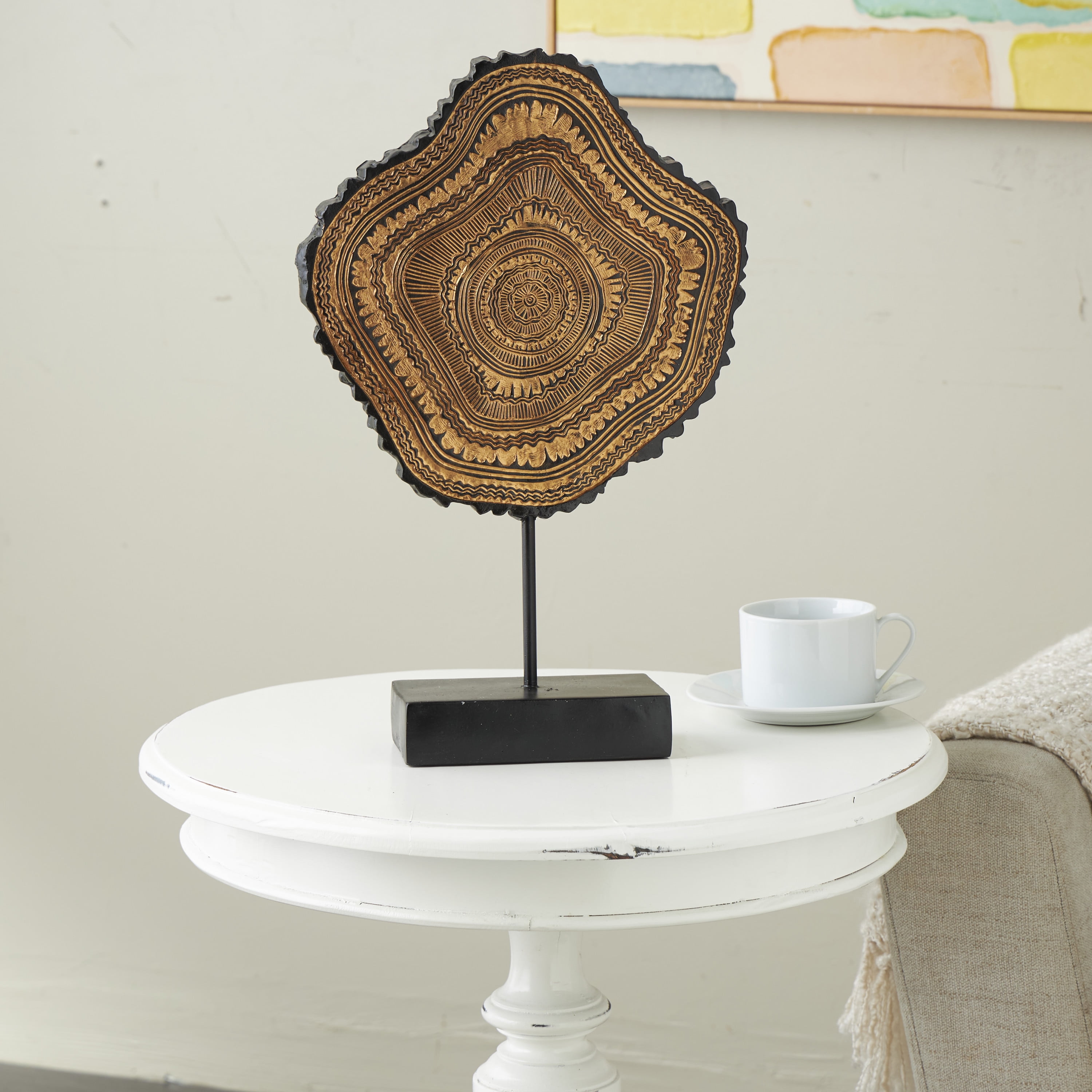 11" x 17" Brown Resin Abstract Carved Tribal Sculpture with Black Stand and Wavy Edge, by DecMode
