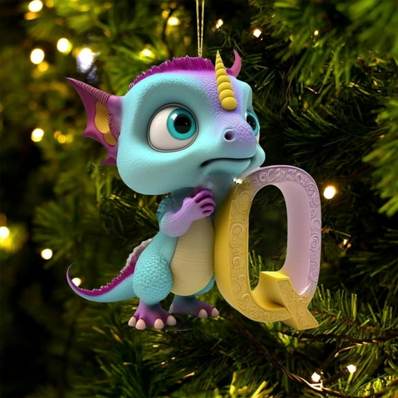 HomeDM 3.15" Cartoon Dinosaur Ornaments, 2D Flat Acrylic Hanging Pendant Xmas Tree Wreaths Home Decor, 26 Letter Christmas Ornaments Key Chain, Gift Wrapping, Letter Q