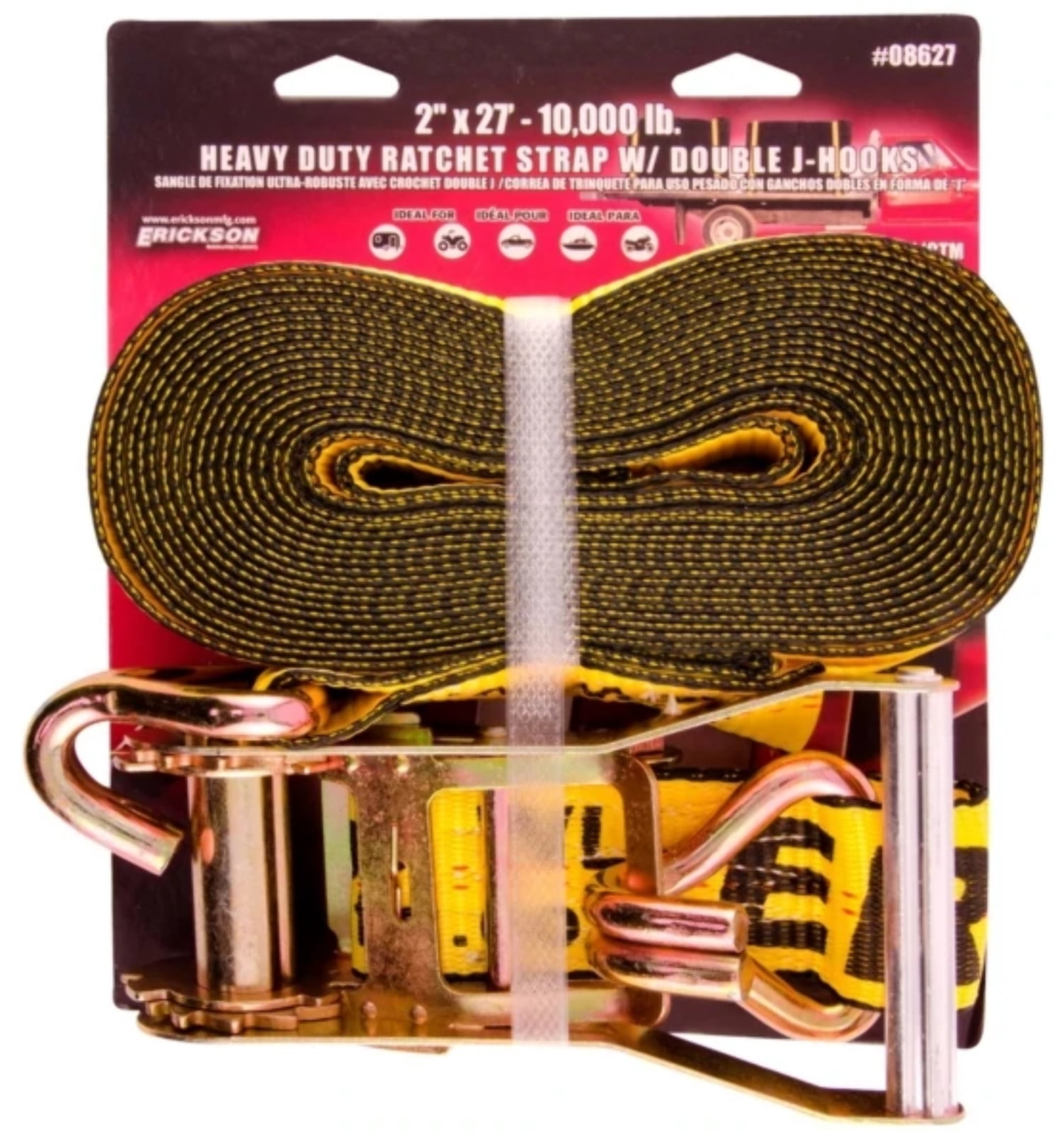 Erickson 78627 2" x 27' 10,000 lbs Load Limit Ratcheting Tie-Down Strap with Double J-Hooks