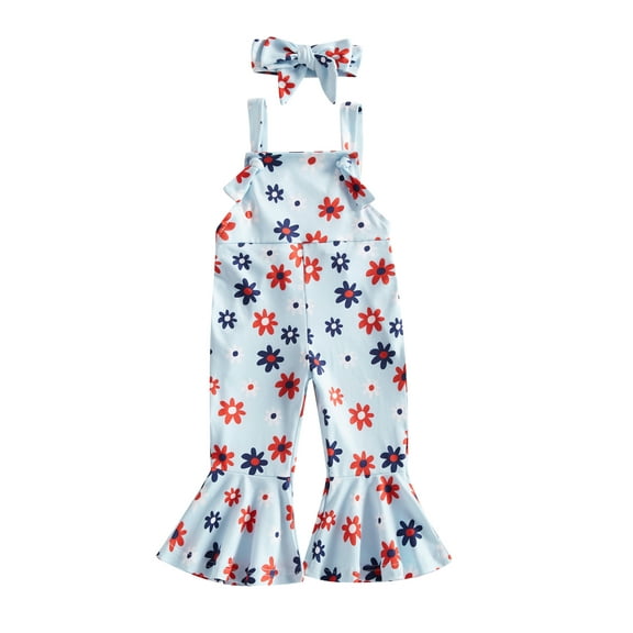 Wassery Kids Girl Suspenders Jumpsuit Set 6M 12M 18M 24M 3T 4T Toddle Girls Summer Clothes Floral Print Sleeveless Rompers Flare Pants and Stretch Headband