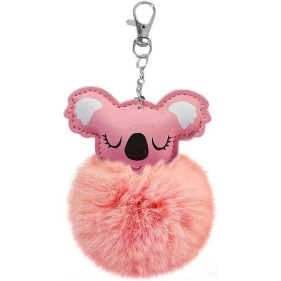 Furry Koala and Pompom Ball Keychain - Cute Animal Themed Keyring for Women and Girls