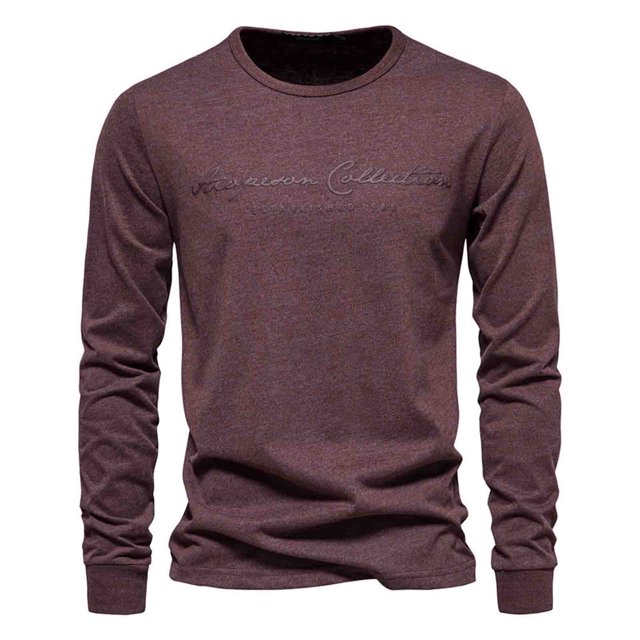 RXIRUCGD Chemise Homme Couleur Unie Coton Col Rond Manches Longues Tendance Lettre Temps Libre Couche Inférieure Extérieure, Vin, Taille : S