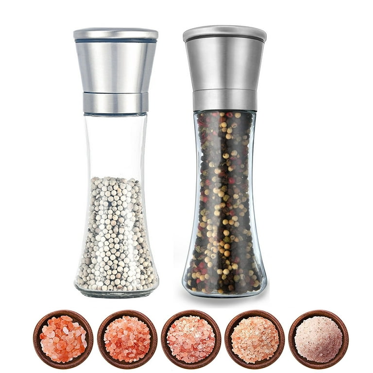 Salt and Pepper Grinder Set with Wood Tray, Manual Sea Salt, Spice and  Peppercorn Mill, Glass Container, Stainless Steel Cap, Adjustable  Coarseness