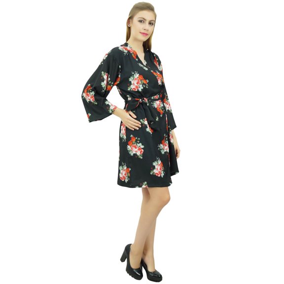 Bimba Women's Floral Printed Georgette Bridesmaid Robe Black Coverup Wrap-16
