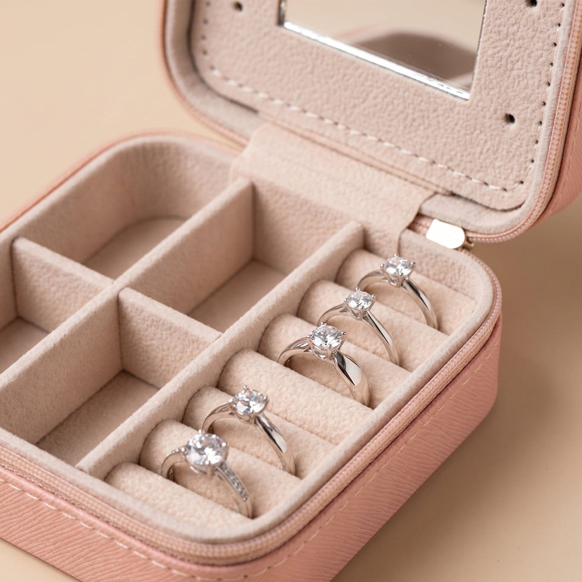 Travel Jewelry Box with Mirror Small Portable PU Leather Organizer Gifts Nude Pink