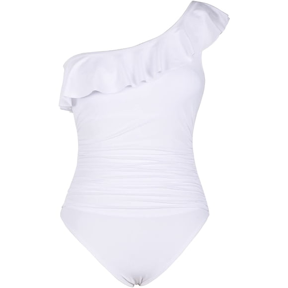 Women's One Piece Swimsuits One Shoulder Swimwear Asymmetric Ruffle Bathing Suits White