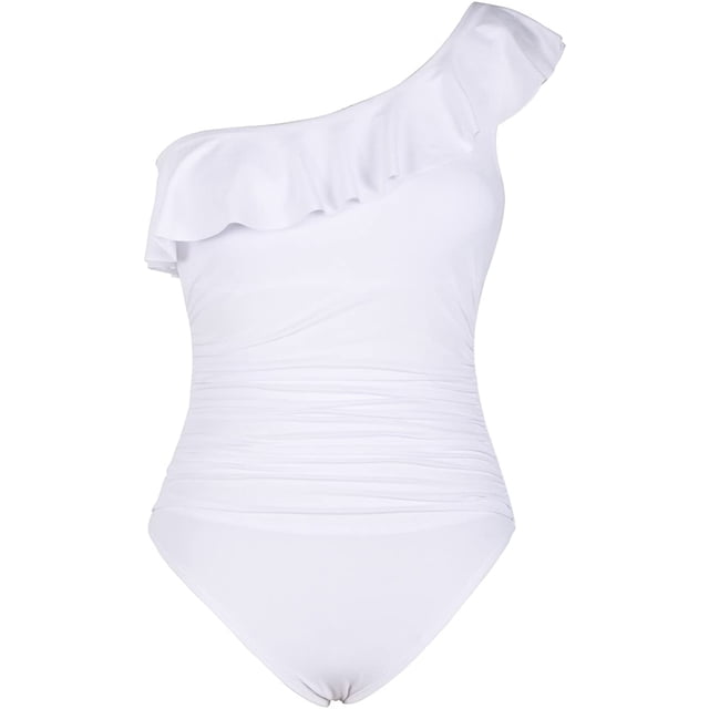 Women's One Piece Swimsuits One Shoulder Swimwear Asymmetric Ruffle Bathing Suits White