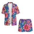 thumbnail image 4 of FKEKYI Womens Summer Shirt Set 2 Piece Sets Bohemian Daisy Flower Print Vacation Outfits Open Front Shirt Top & Shorts with Elastic Waist Beachwear Lounge Set, S, 4 of 7