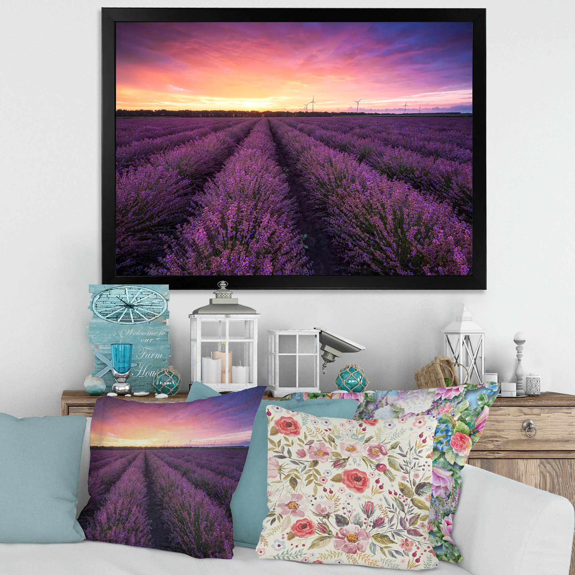 Designart 'Dramatic Clouds and Sunrise Over Lavender Field XIII' Farmhouse Framed Art Print