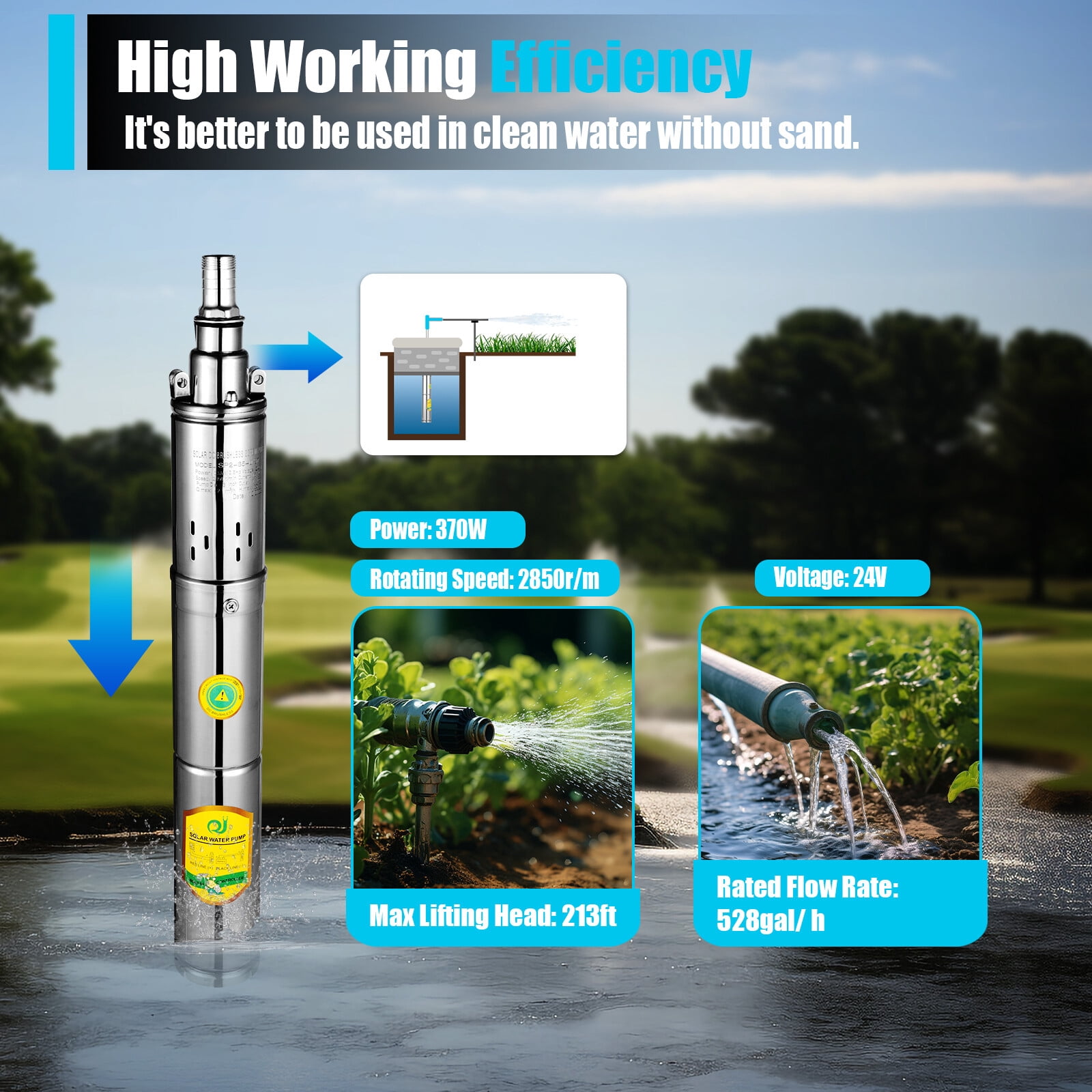 Deep Well Solar Submersible Water Pump, DC 24V 370W Submersible Deep Bore Well Water Pump, Bore Well Water Pump Brushless DC Motor Solar Water Pump for Village, Farm, Camping Car Water Supply