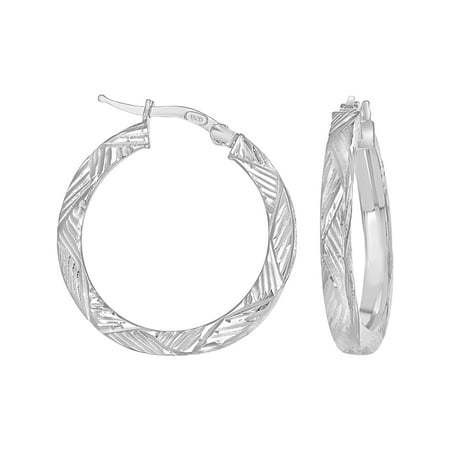 925 Sterling Silver Womens Diamond-Cut Patterned Square Tube Hoop Earrings