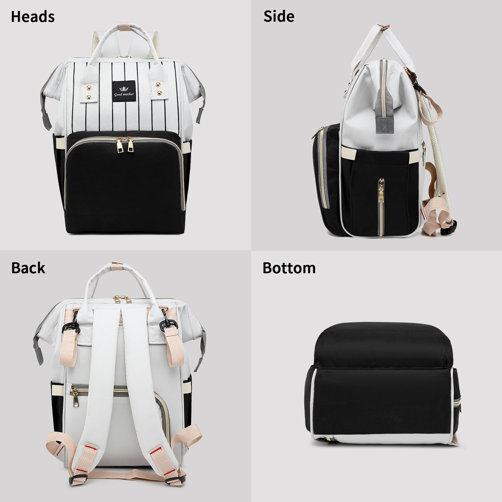 Diaper Bag Bacpack, HDJ Large Capacity Travel Diaper Bag with Insulated Milk Bottle Pocket for Mommy,Black