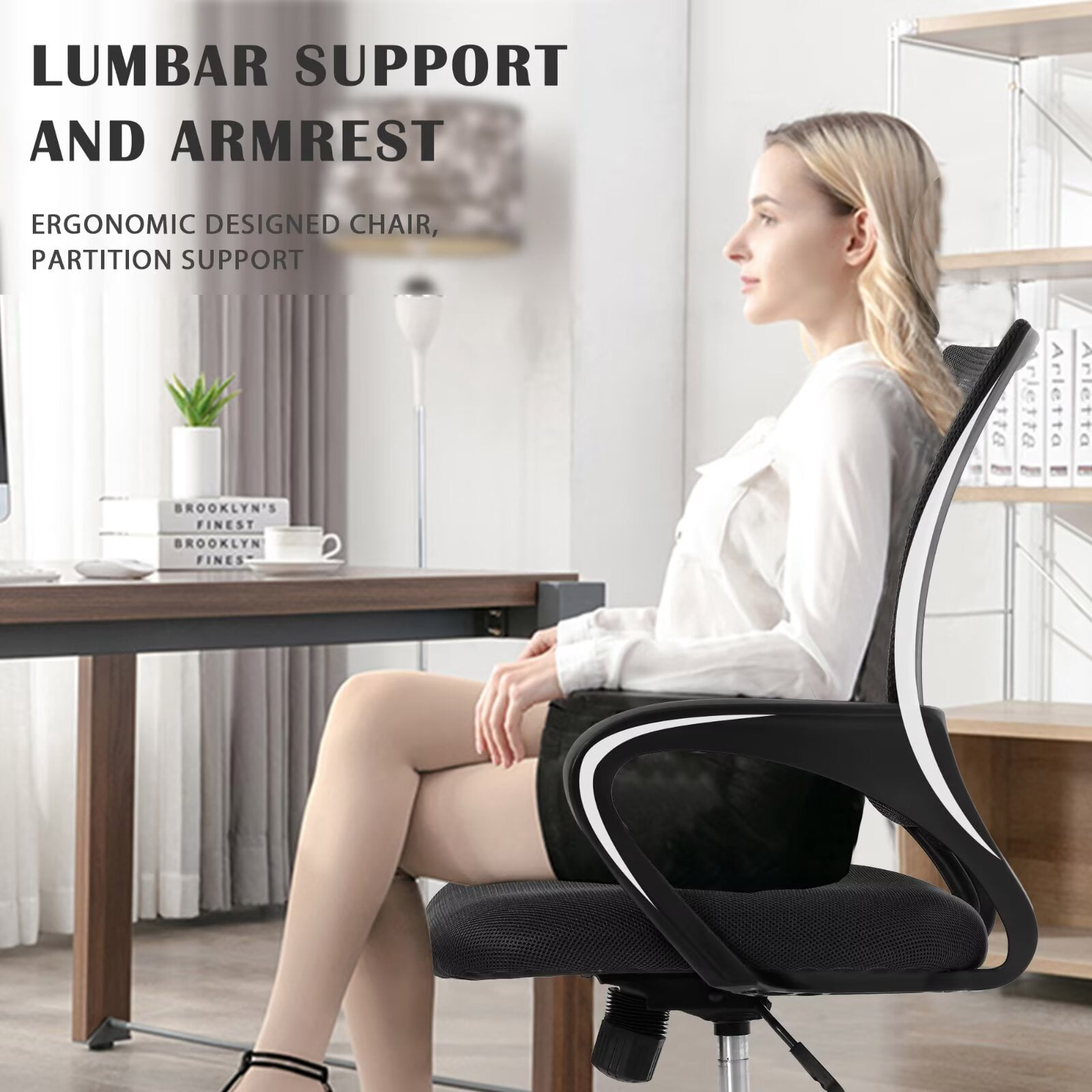 YRLLENSDAN Mesh Office Chair with Lumbar Support and Armrest, Comfortable Desk Chairs with Wheel, Home Swivel Chair with Adjustable Height and Tilt, Black, 2 Pack