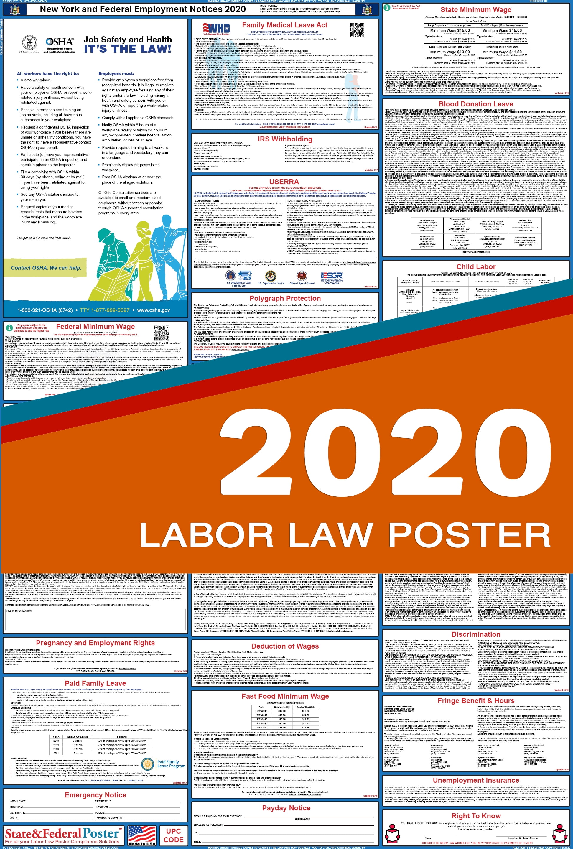 2020 New York State And Federal Labor Law Poster Laminated