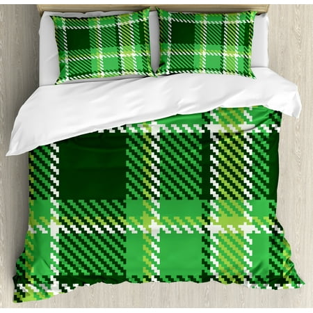 Checkered Queen Size Duvet Cover Set, Old Fashioned Irish British Tile Mosaic in Vibrant Green Colors, Decorative 3 Piece Bedding Set with 2 Pillow Shams, Emerald Lime Green White, by