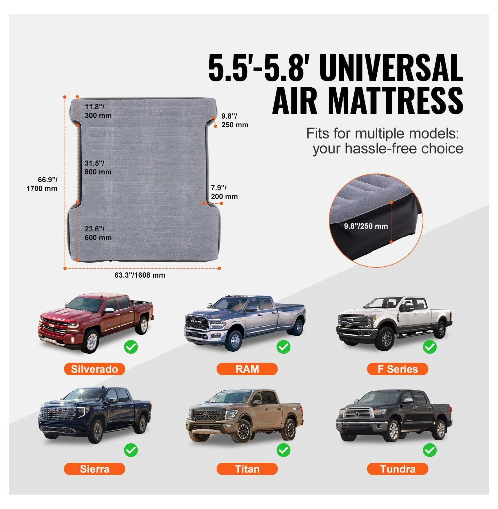 Truck Bed Air Mattress 5.5-5.8ft Short Bed, Camping Mattress with 12V Pump & 2 Pillows