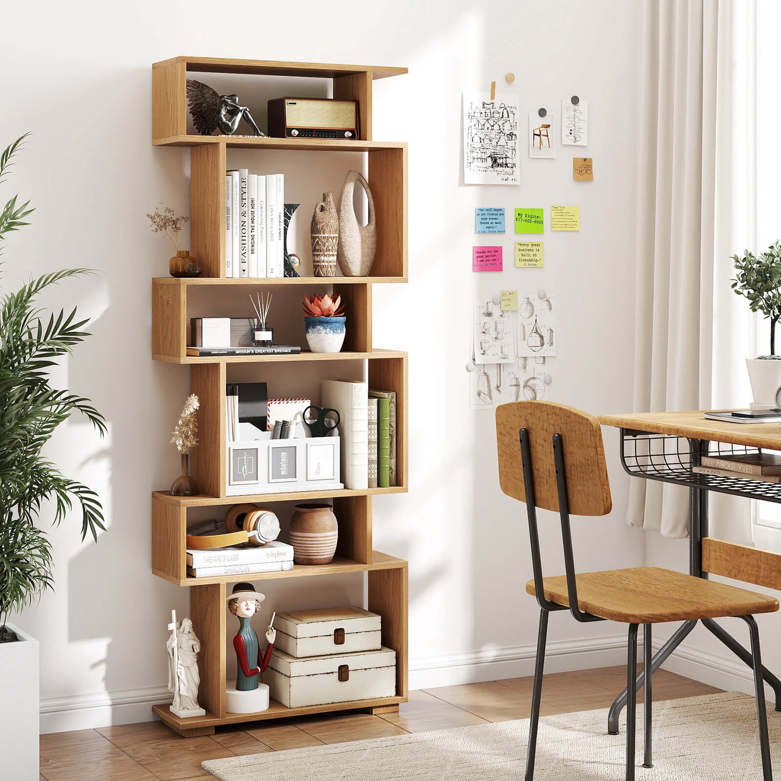 Costway 6-Tier Bookshelf with 2 Anti-Tipping Kits, Wooden Display Shelf for Home Office Natural