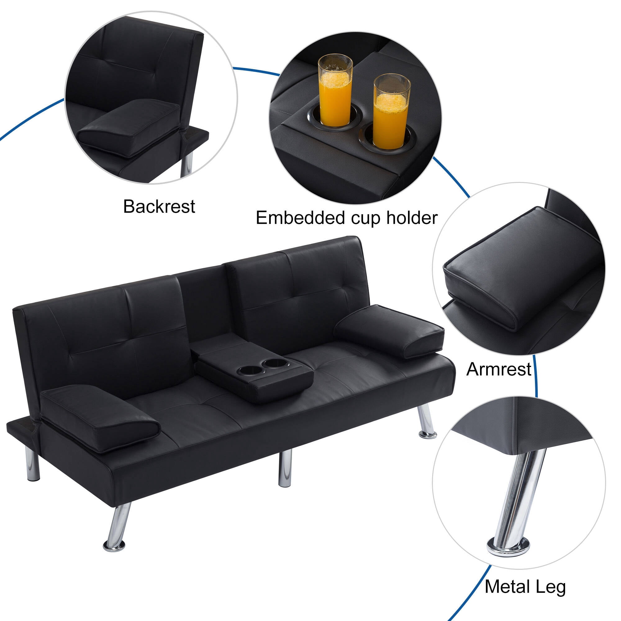 Sofa Bed with Cup Holder Convertible Futon Couches Adjustable Backrest Modern Faux Furniture Upholstery for Living Room