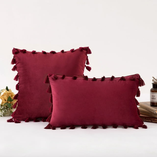 Sumhomie Housse de Coussin en Velours Uni avec Franges 17 Pouces x 17 Pouces
