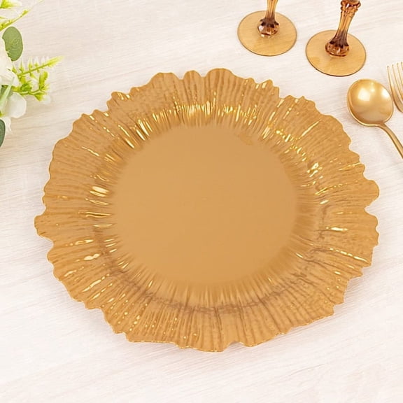 Balsa Circle 10 Gold 13 in Round Plastic Charger Plates with Reef Rim Design Party Tableware Wedding Reception Birthday Event Home Decorations Supplies