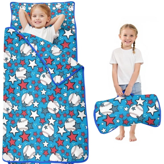 Blue Stars and Baseballs Pattern Toddler Nap Mats for Kids Preschool,Sleeping Mat Bag or Kids,Toddler Sleeping Bag,Toddler Nap Mat or Daycare
