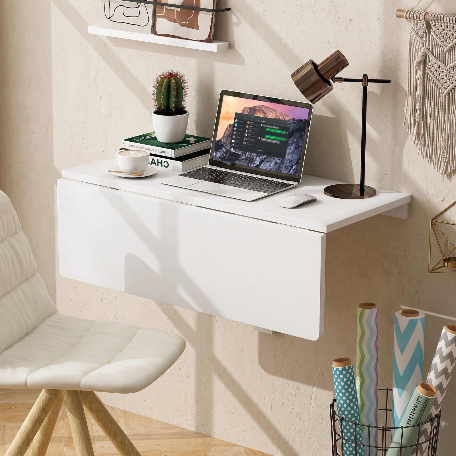 Furnibear Wall Mounted Drop-Leaf Folding Table, 31.5 x 23.5 Inch Space Saving Fold Down Wall Table for Small Spaces, Kitchen, Dining, Home Office, Balcony, White