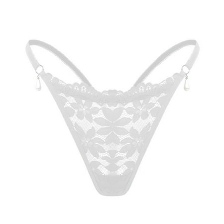Yuhangmm Elegant Lace Floral Womens Thong With Bead Pendant Comfortable Low Waist G String Panties Birthday Lingerie for Women