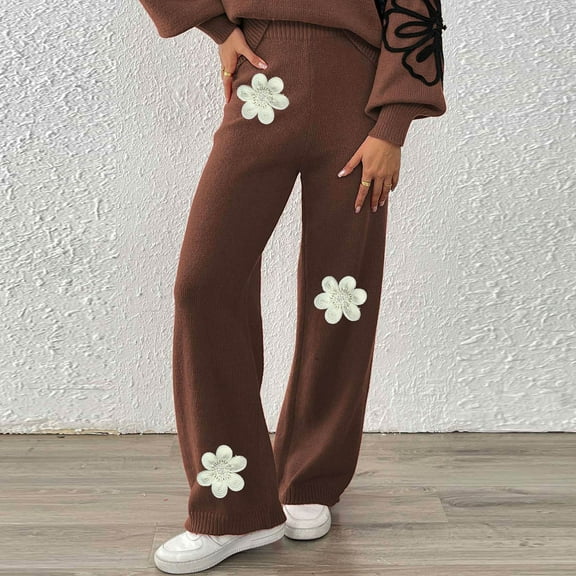 WHLBF UTTOASFAY Womens Pants Embroidered Knit High Waist Straight Leg Pants Cozy Lounge Pants with Elastic Waist Casual Pull-On Trousers Coffee L