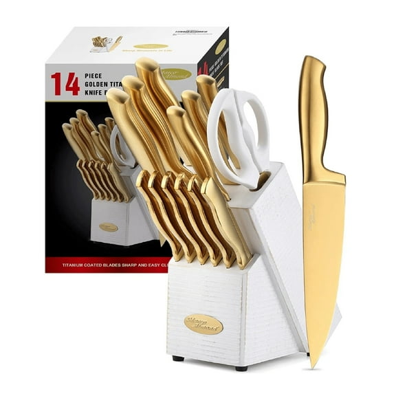 Knife Set Luxury Golden Titanium Coated 14 Pieces Stainless Steel Hollow Handle Gold Kitchen Knife Set With Block By White Wash Finish Wood