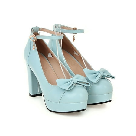 

Zodanni Ladies High Heels Chunky Block Heel Pump Slip On Pumps Womens Mary Jane Casual Comfort Ankle Strap Dress Shoes Blue 7.5