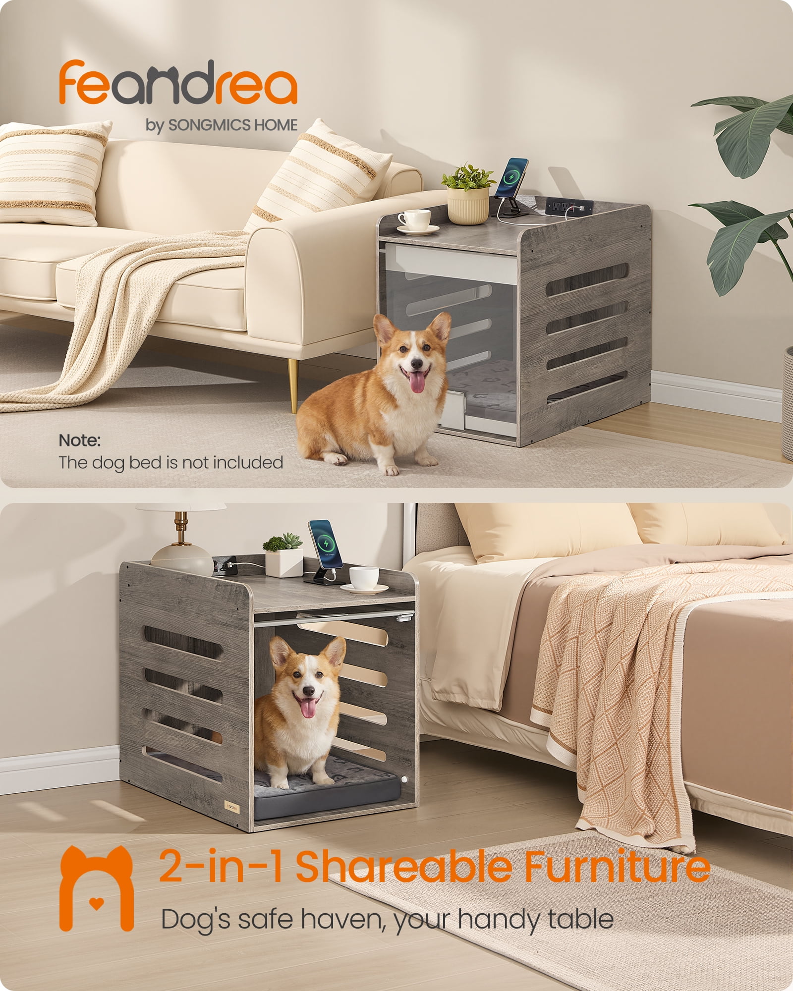 Feandrea Modern Dog Crate Furniture with Charging Station, Kennel Indoor with Flip-up Hidden Acrylic Door, for Small Dogs up to 22 lb, Side End Table, Heather Greige