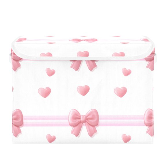 Pink Bows Stripes Hearts Valentine Foldable Storage Bin with Lid and Handle Collapsible Storage Box 16.5 x 12.6 x 11.8 inches