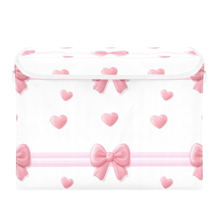 Pink Bows Stripes Hearts Valentine Foldable Storage Bin with Lid and Handle Collapsible Storage Box 16.5 x 12.6 x 11.8 inches