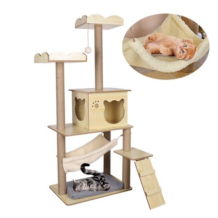 CNCEST 1.4m Cat Scratchier Tree,Wooden Cat Climbing Frame with Natural Sisal Rope Scratching Post Activity Tower