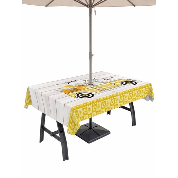 Outdoor Tablecloth with Umbrella Hole for Patio/Picnic/Party/Camping, Bee Truck Waterproof Table Cloth Rectangle Table Cover Washable, Yellow Honey Daisy Floral Plaid Wooden Grain (52"x 70")