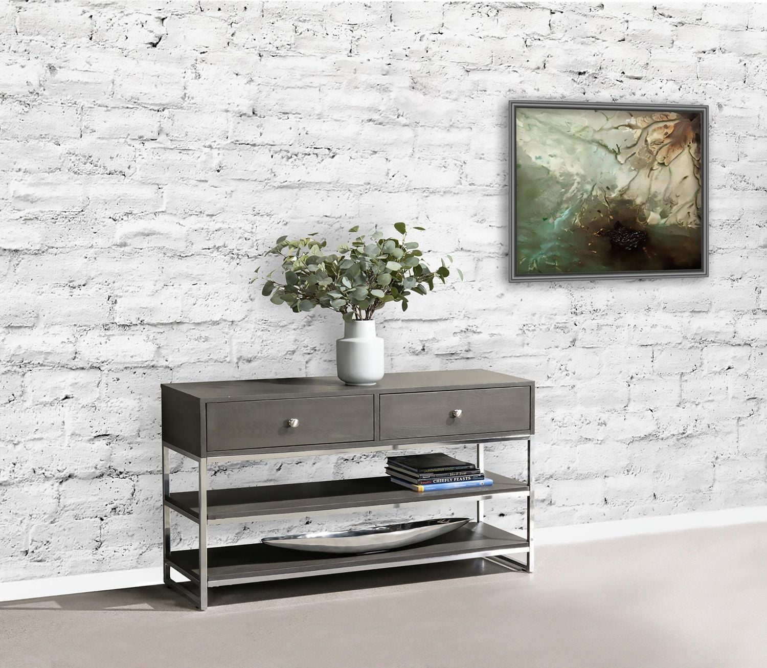 Topline Home Furnishings Grey Sofa with Drawers and Shelving