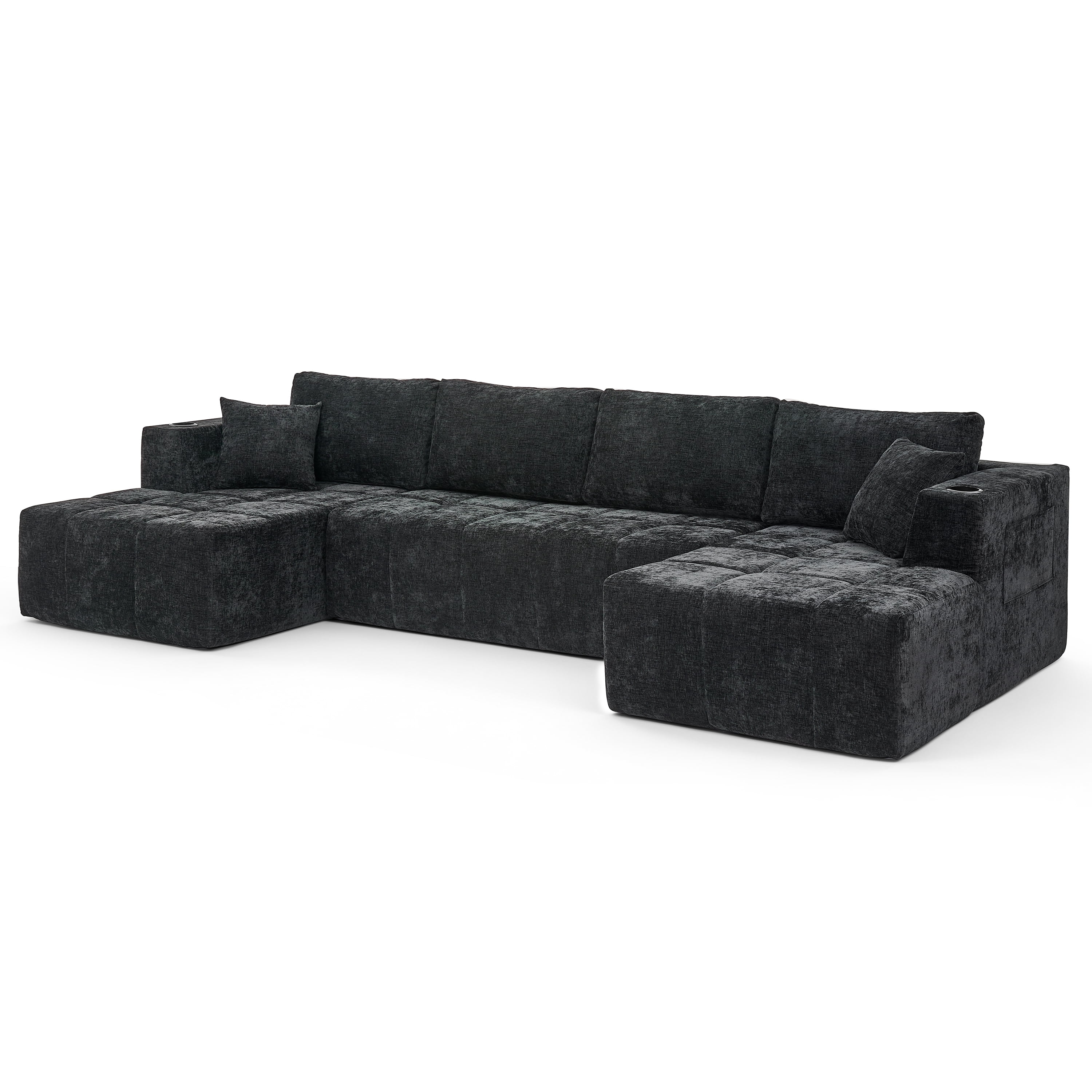 Howcool 132" U-Shaped Modular Cloud Couch, Oversized Deep Seat Chenille Sectional Sofa with Double Chaise, Boneless Comfy Couch with Cup Holders & Side Pockets, No Assembly Required, Black