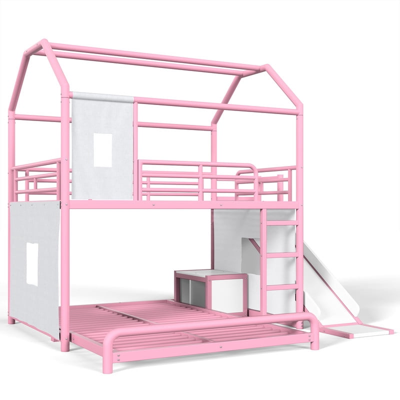 Full Over Full Metal Bunk Bed with Slide, Ladder, LED Light, Privacy Curtain and Movable Storage Cabinet, House-Shaped Kids Bunk Bed with Hanging Rod, No Box Spring Required