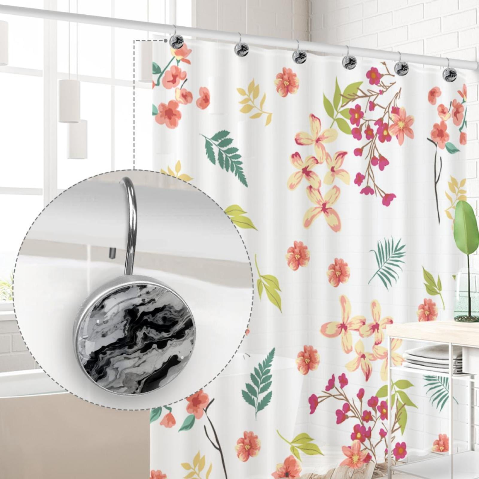 Marble Texture Shower Curtain Hooks （Set of 12） for Home Hotel Shower Rods Bathroom Crystal Glass Print Stainless Steel Round Curtain Hooks
