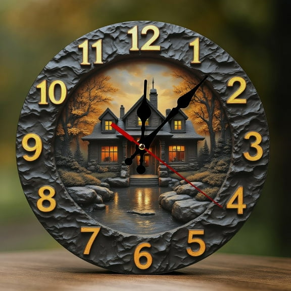Wall Clock Decorative - Rustic House Retreat Print 2D Vintage Wall Clocks Battery Operated Silent Non-Ticking for Bedroom, Living Room, Kitchen, Office, Classroom, 10 Inch