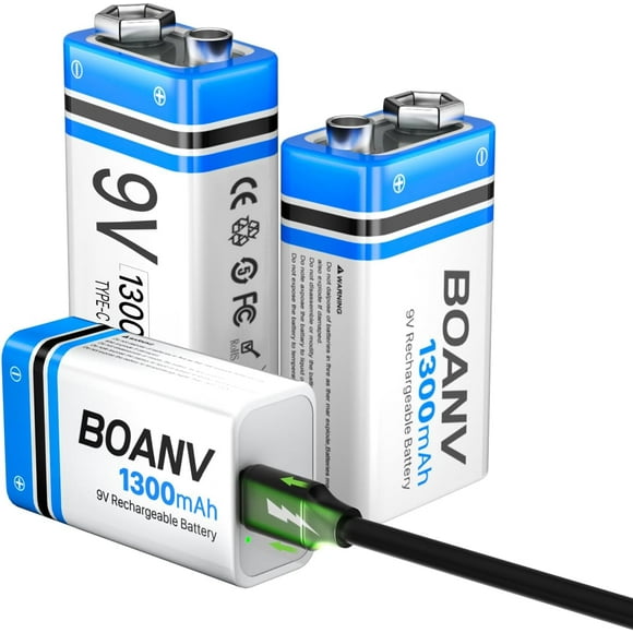 AIR-3PCS 9V Rechargeable Batteries 1300mAh, 9V Rechargeable USB Lithium Long Lasting Battery, with 2 in 1 Charging Cable, for Smoke Detectors, Alarms, Keypad, Microphone