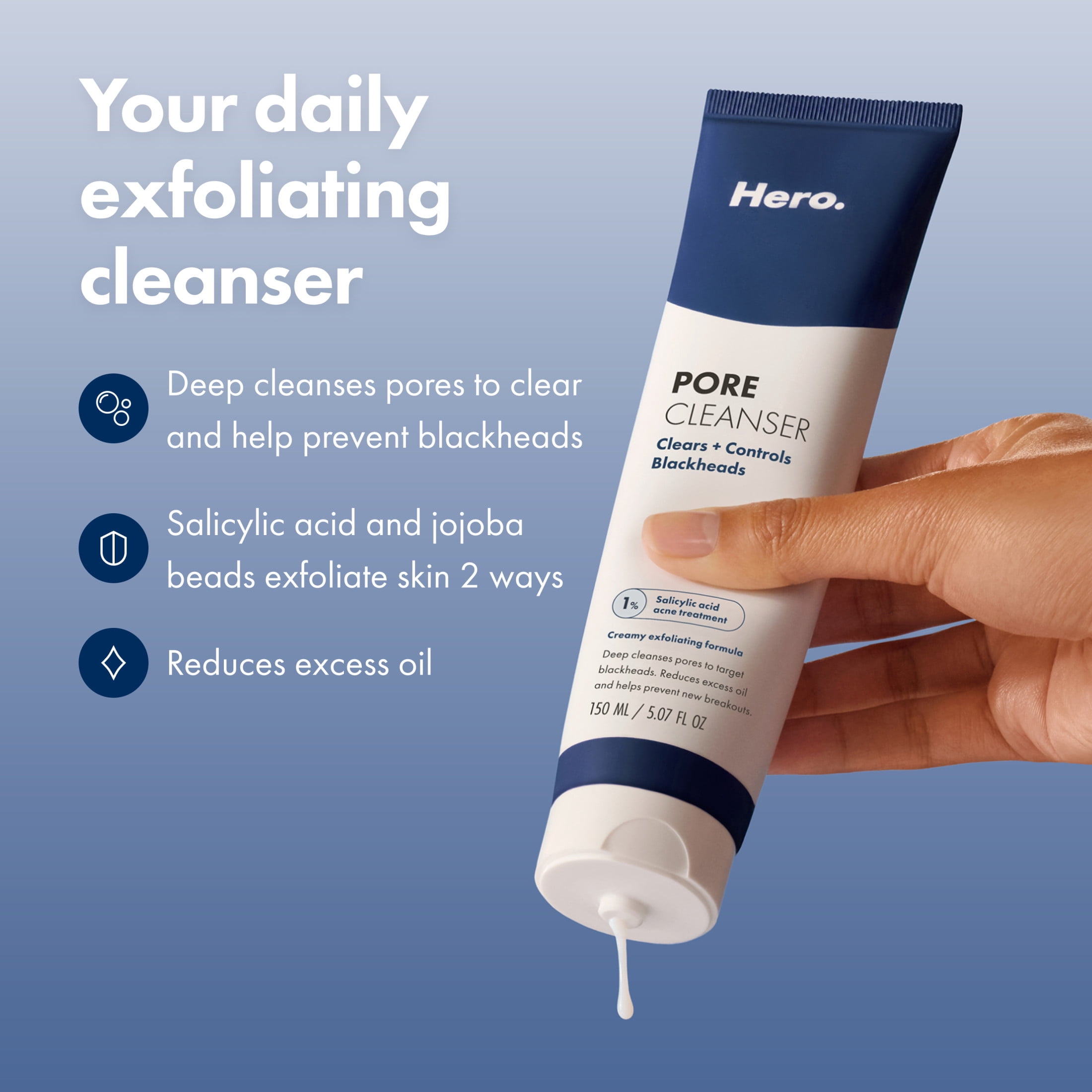 Hero Cosmetics Pore Cleanser with 1% Salicylic Acid Acne Face Cleanser, 150 ml / 5.07 fl oz